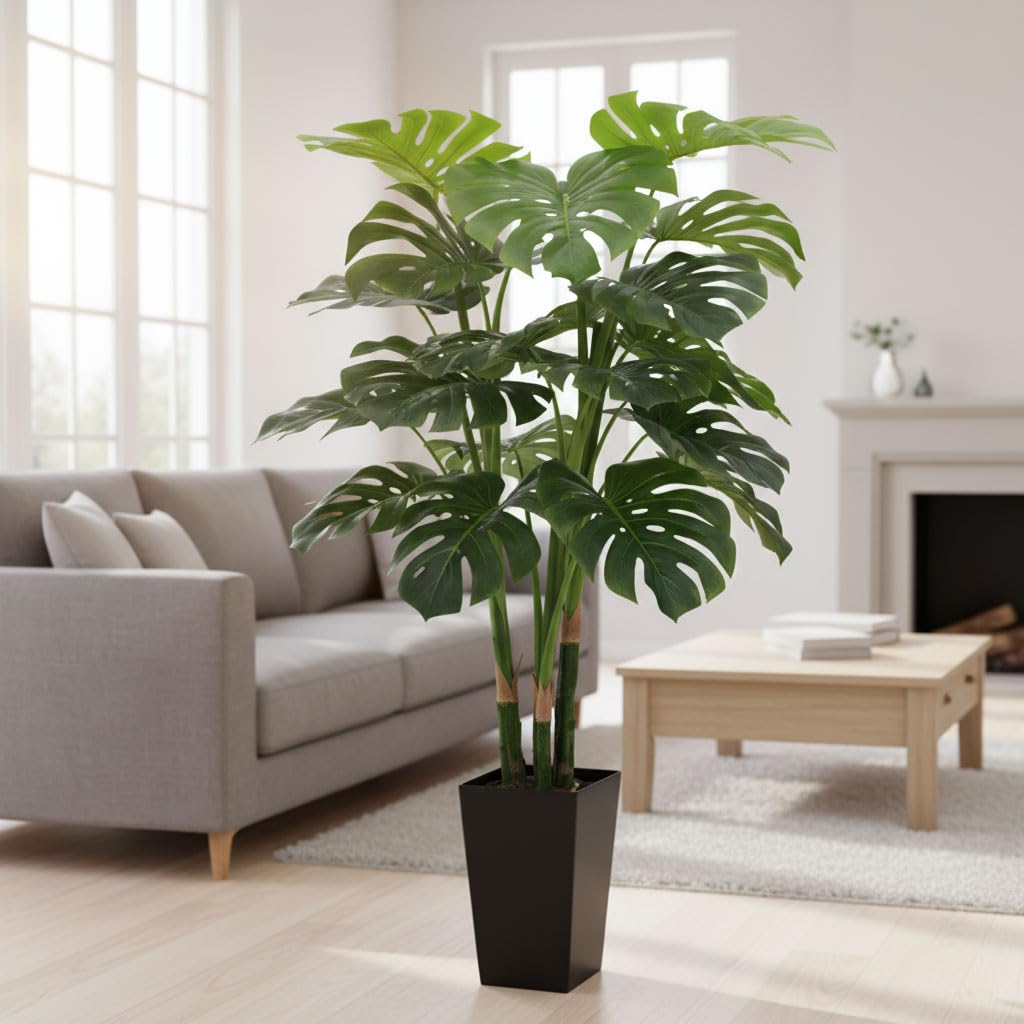 4ft Tall Artificial Monstera Deliciosa Plants, 4 ft Faux Swiss Cheese Plants Fake Silk Tree with Pot for Indoor