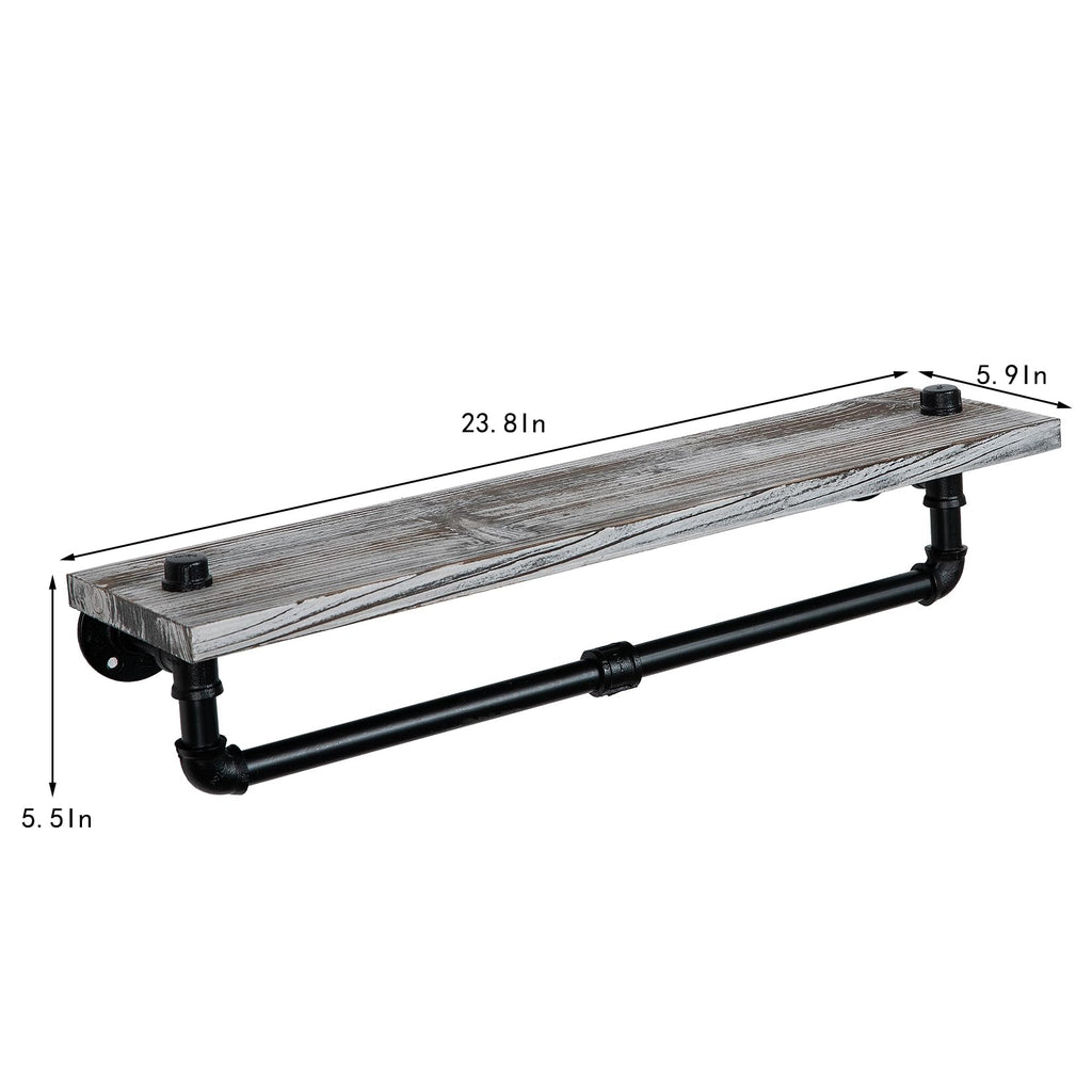 Rustic Style Torched Wood Towel Rack Wall Mounted Industrial Metal Pipe Bar Floating Bracket Shelf Bathroom Kitchen