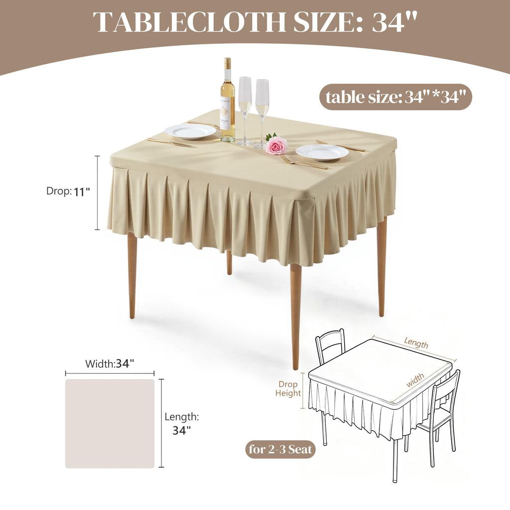 Care Natural Spandex Tablecloths for 34x34 Inch Square Tables, Stretch Fitted Table Clothes with Pleated Ruffle Skirt