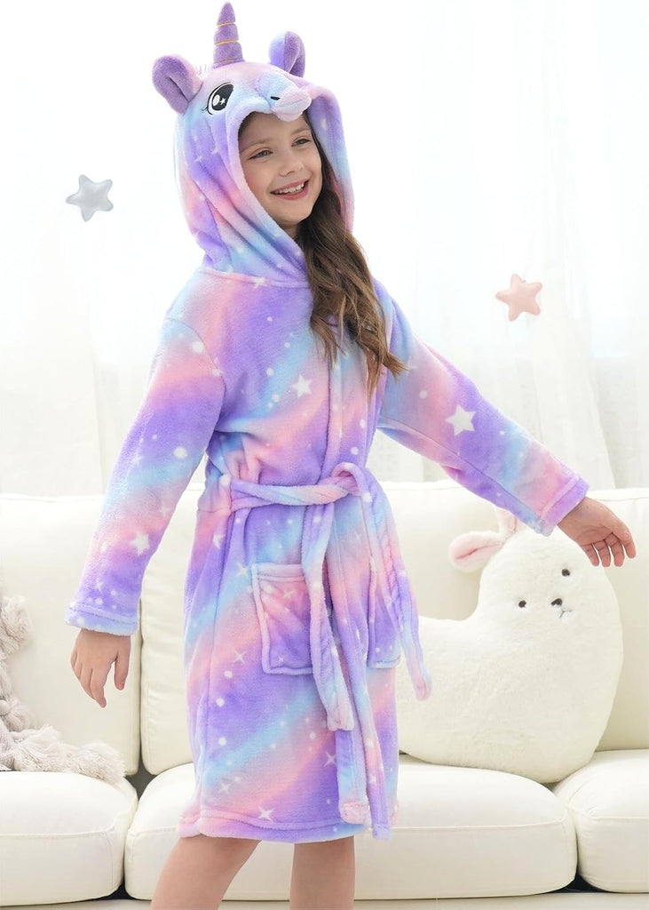 Girls Fleece Hooded Robe Toddler Warm Fuzzy Bathrobe
