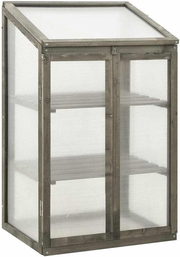 Wooden Garden Greenhouse 23.6 x 17.7 x 39.4 in, Cold Frame Plant House with 2 Shelves and Hinged Lid, Solid Firwood