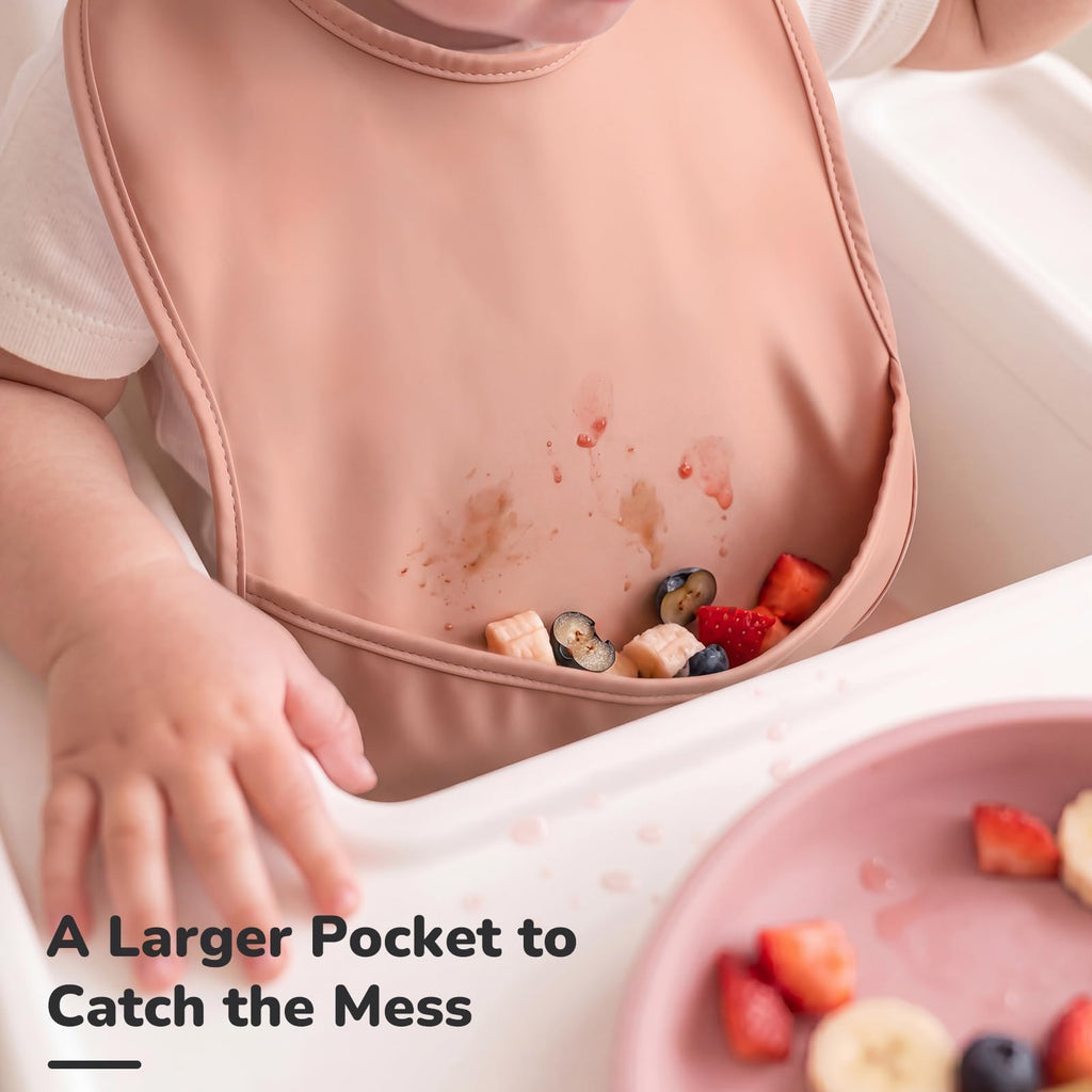 4-Pack Waterproof Baby Feeding Bibs with Large Food Catcher - Toddler Apron for Eating, Easy to Put On & Clean, Baby