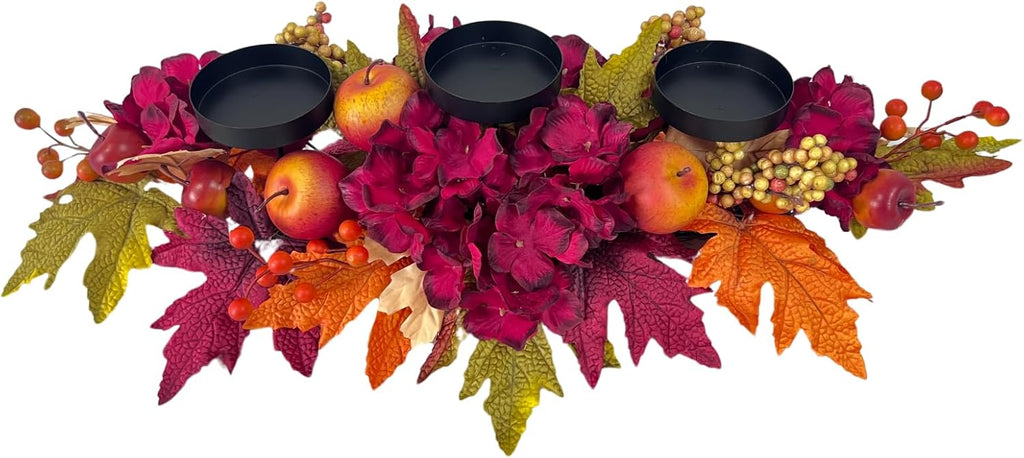 26 Inch Fall Candle Holder Centerpiece with Hydrangea and Apples