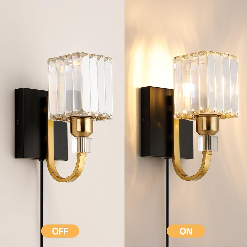 Modern Crystal Wall Sconce with Plug，Black Gold Wall Mounted Light Fixture, Plug-in Vanity Light with On/Off Switch