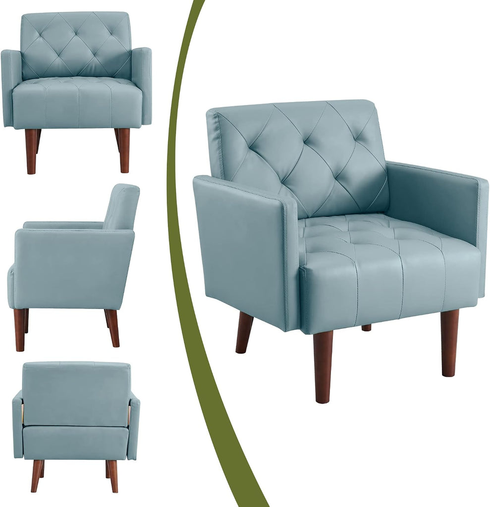 Faux Leather Accent Chair Modern PU Armchair, Retro Tufted Upholstered Arm Chair, Comfy Leather Club Chair Single