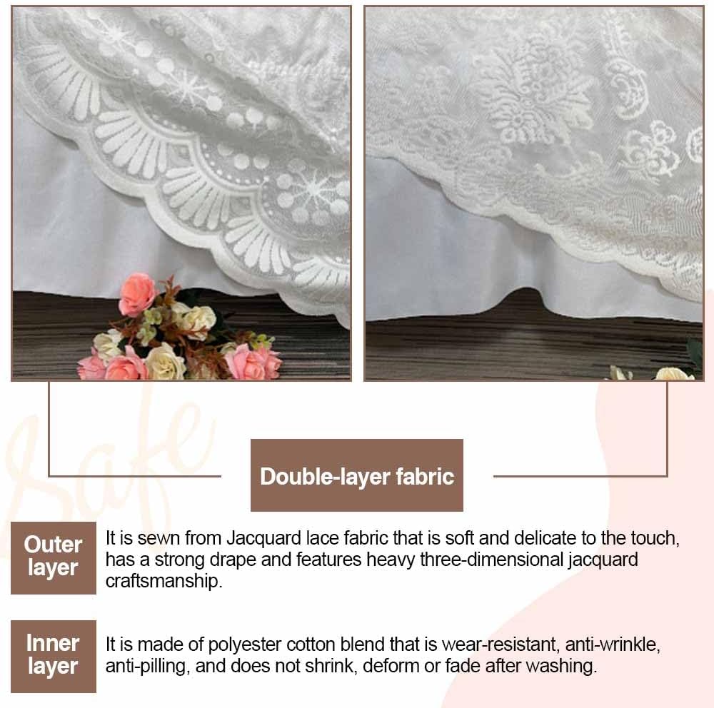 Elastic Double Lace Bed Skirt for Queen Bed - 15 Inch Drop, No Bed Surface, 3-Sided Wrap Around Dust Ruffle (Rose)