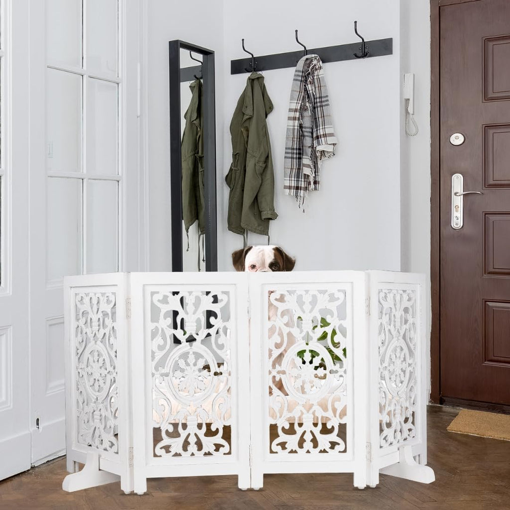 Wooden Pet Gate - Foldable 4 Panel Dog Barrier, Antique White