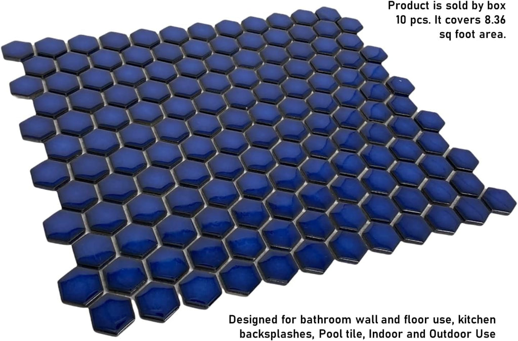 Hexagon Cobalt Blue Porcelain Mosaic Wall Floor Tile Glossy Look 1'' inch (Box of 10 Sheets) Backsplash, Bathroom