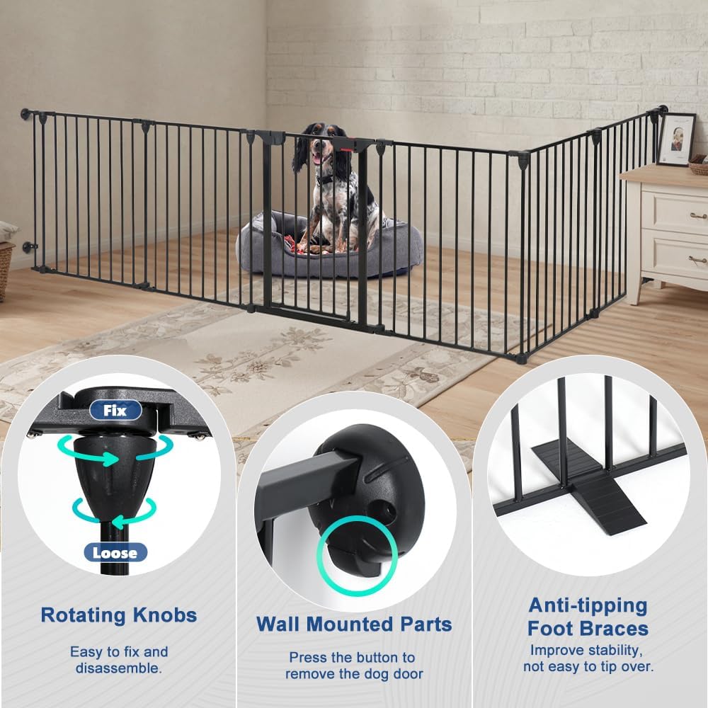 Freestanding Dog Gates with Door Walk Through, Extra Wide Doggy Door 150" W x 29" H Pet Gate Safty 6 Panels Dog Fence