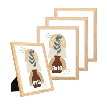 8x10 Picture Frame Oak Set of 4, Wooden Poster Frame for Tabletop and Wall Mounting Display, Gallery, Holiday with