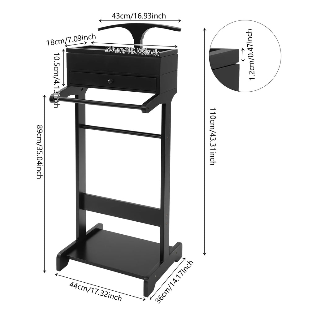 Wooden Valet Stand for Men, Black Suit Valet Stand with Drawer, Suit Rack, Shoe Shelf, Valet Clothes Stand Clothing