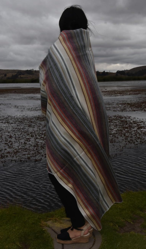 Wool Throw Blanket, Ultra-Soft, Lightweight & Warm, Breathable, Non-Itchy Hypoallergenic Blanket, Earth Tone Stripe