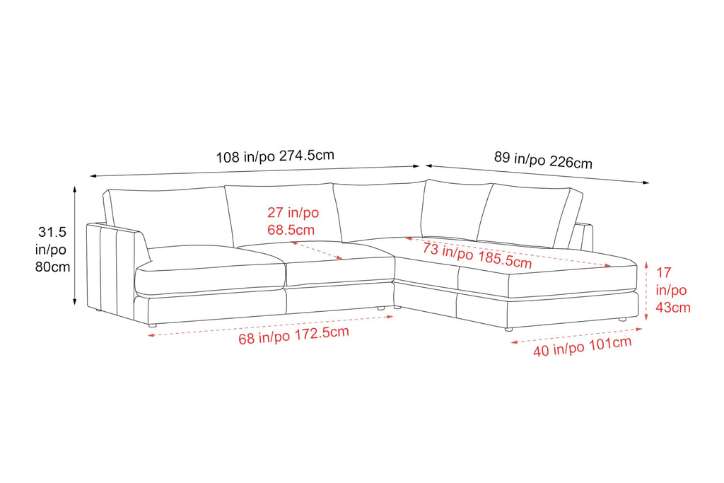 Serena 108" Full Leather Sectional Sofa with Right Bumper | Nappa 11000 Leather, Modern Low Profile Lounge Sofa | L