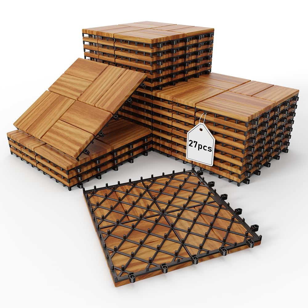 27 PCS 12" X 12" Acacia Deck Tiles, Waterproof Interlocking Deck Tiles for Indoor/Outdoor Wood Flooring, Easy DIY Snap