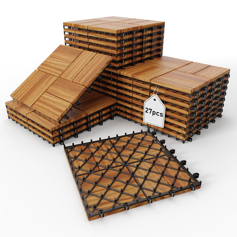 27 PCS 12" X 12" Acacia Deck Tiles, Waterproof Interlocking Deck Tiles for Indoor/Outdoor Wood Flooring, Easy DIY Snap
