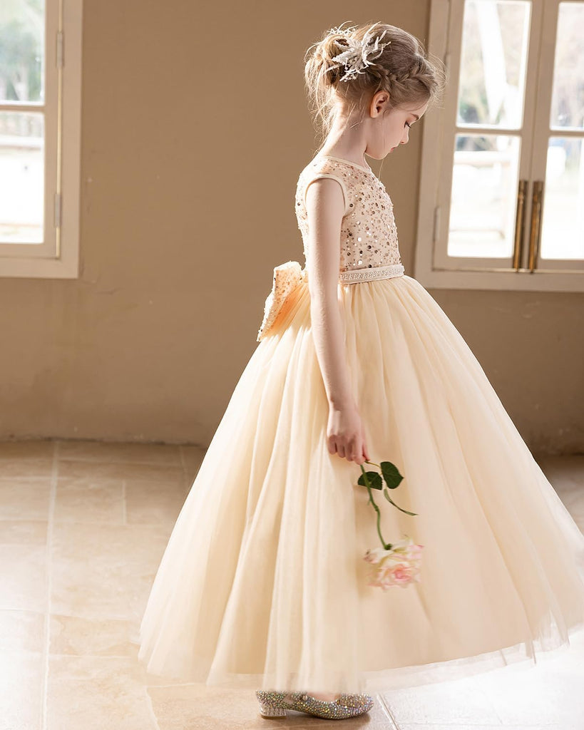 Sequin Tulle Dress Formal Pageant Sparkly Birthday Party Wedding Guest Ball Gown Dresses with Bow