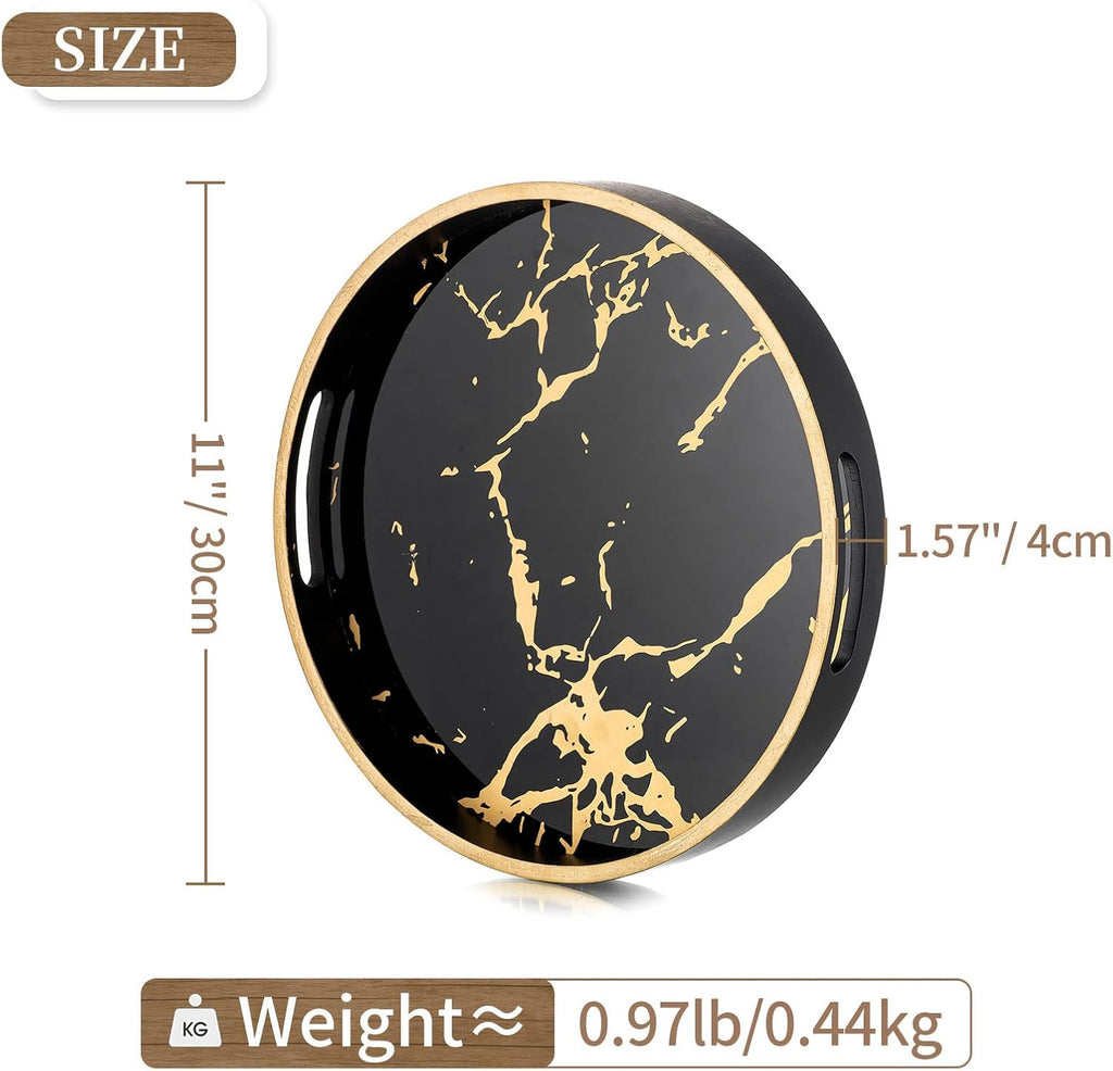 Round Decorative Coffee Table Tray , Black Marble Finish | 11.8" Modern Circle Tray with Handles Counter, Living Room