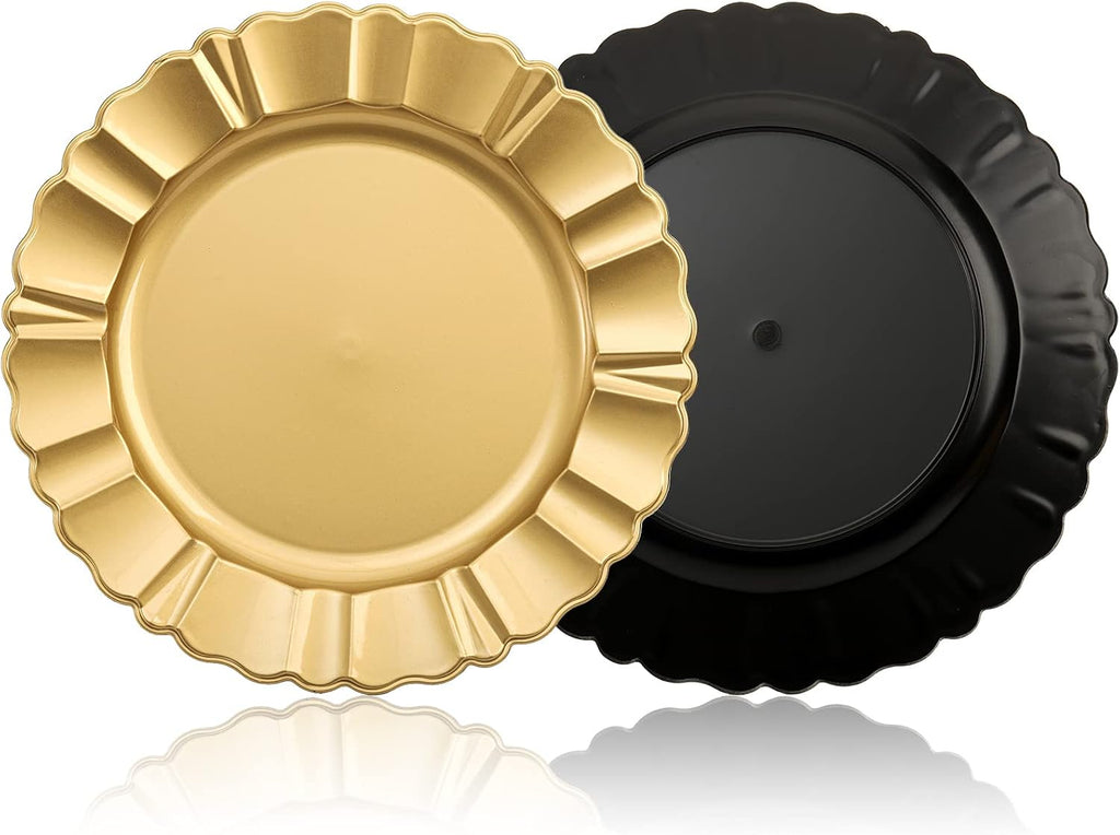 Gold Charger Plates, 13" Decorative Round Dinner Plate Chargers, Reusable Plastic Dinner Chargers with Fluted - Set of 12