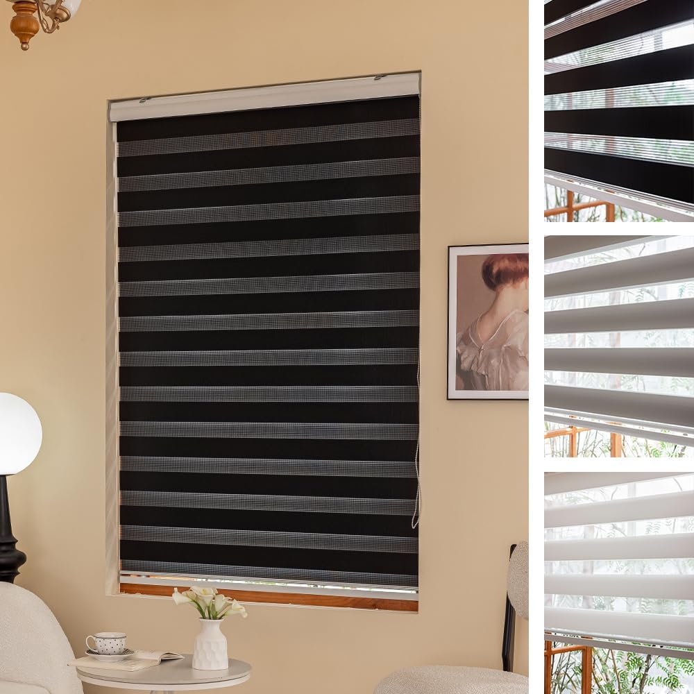 Zebra Blinds for Windows, Roller Light Filtering Control Semi Sheer Windows Shades, Black Dual Layer Fabric Manual