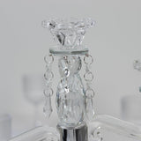 Crystal 3-Arm Candelabra Taper Candle Holder with Hanging Prisms & Round Mirror Base - Faceted Cut Glass Design - 14"