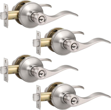 4 Pack Satin Nickel Entrance Door Handle, Wave Style Reversible Keyed Entry Door Lever Use, Keyed Alike