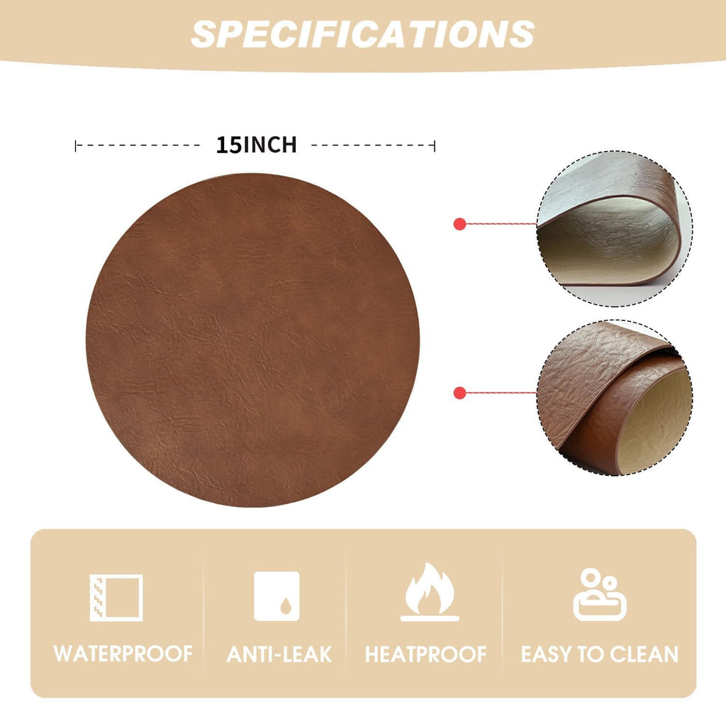 Brown Faux Leather Placemats Set of 8, 15 Inch Waterproof Wipeable Heat Resistant Vinyl Place Mats, Reversible Table