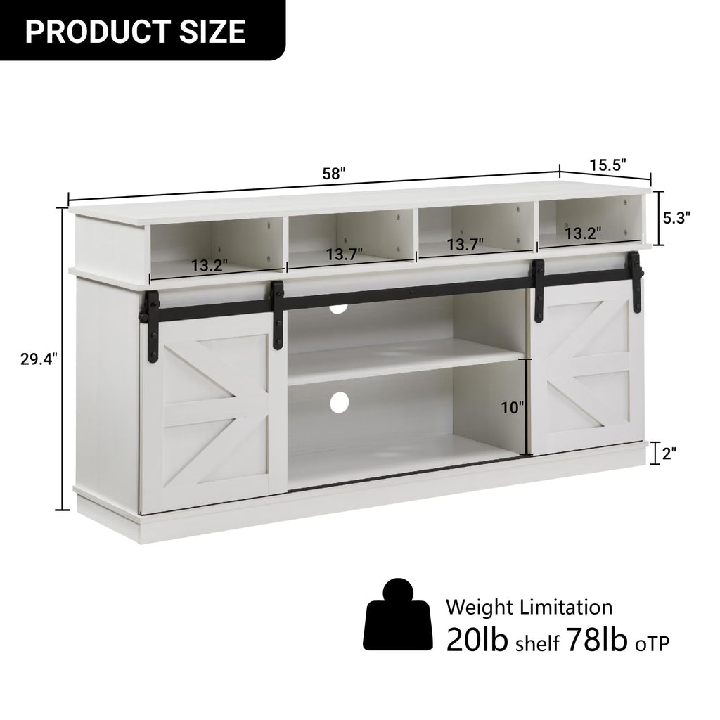 58" Farmhouse TV Stand with Sliding Barn Doors for TVs up to 65 Inch, Entertainment Center with Adjustable Shelves