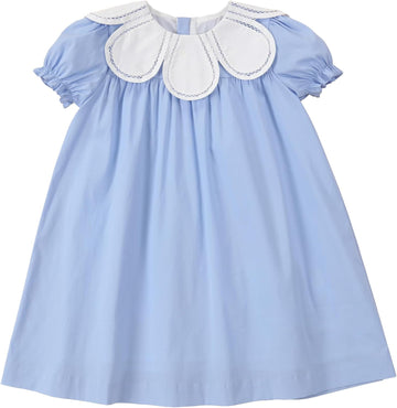 Toddler Baby Girls Casual Cotton Dress with Smocked Flower Collar Kids Vintage Dresses with Shortsleeves for Holiday