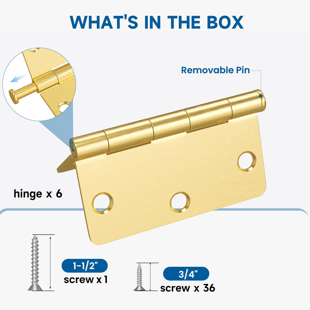 6 Pack Door Hinges Brushed Brass 3.5 Inch with 1/4" Radius Corners Rounded Satin Brass Interior Door Hinges 3 1/2"