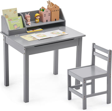 Bamboo Toddler Desk and Chair Set with Lift-Top Storage, Kids Study Table with Hutch and Bookshelf, Writing Reading
