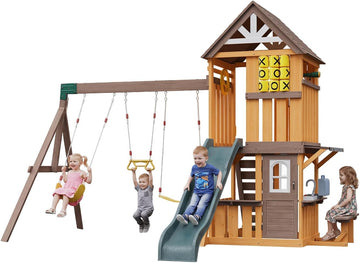 Wooden Swing Sets for Backyard - Outdoor Playset | 7 FT Wave Slide, 3 Swings, Play Kitchen, Toy Telescope, Steering