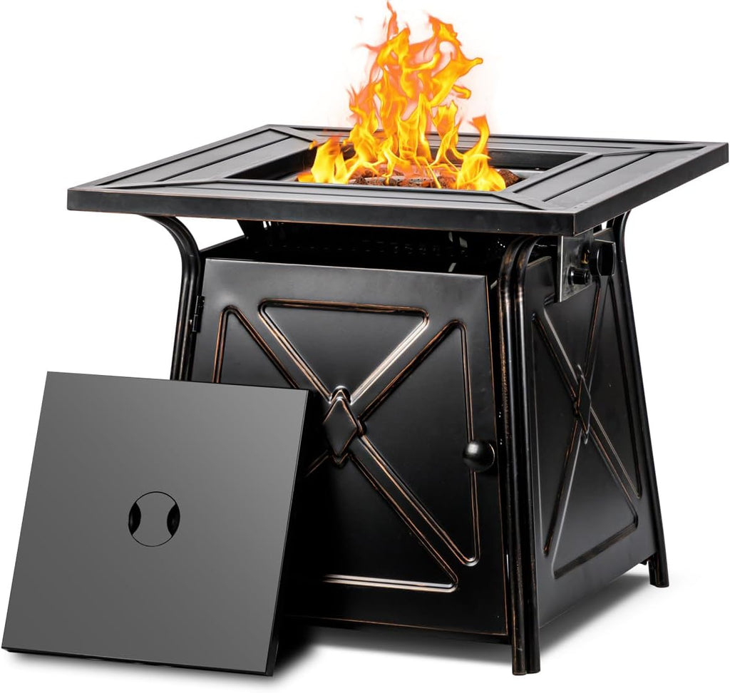 28 inch Propane Fire Pit Table,Gas Fire Pits Table for Outside,50000 BTU Propane Firepit with Lid &Lava Rocks,Gas