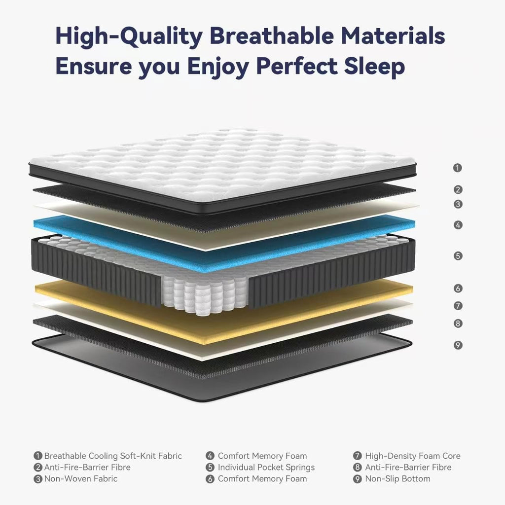 King Size Mattress, 14 Inch King Mattress Hybrid in Box, Individual Pocket Springs, Medium Firm, Breathable and