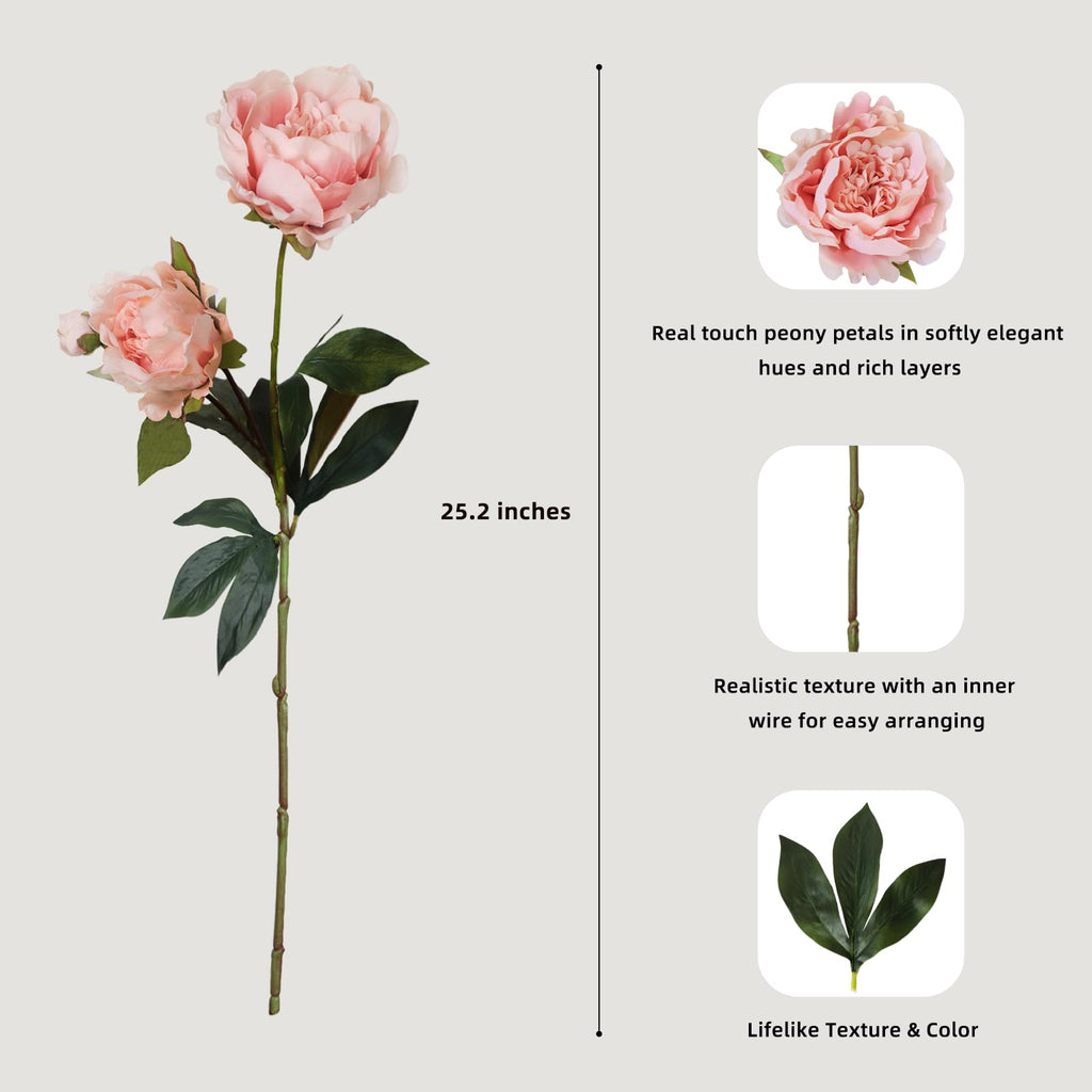 Real Touch Peonies Artificial Flowers, 25.2" Real Touch Latex Coated Flowers, 3 Peony Stems with 6 Large Blooms