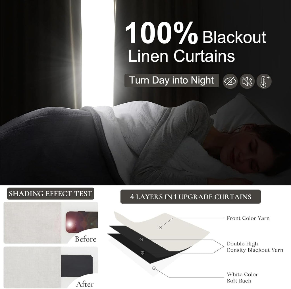 Butter Cream Extra Wide 70 Floor to Ceiling Blackout Curtains, Linen Blend Pleated Farmhouse Drapes Rod Pocket