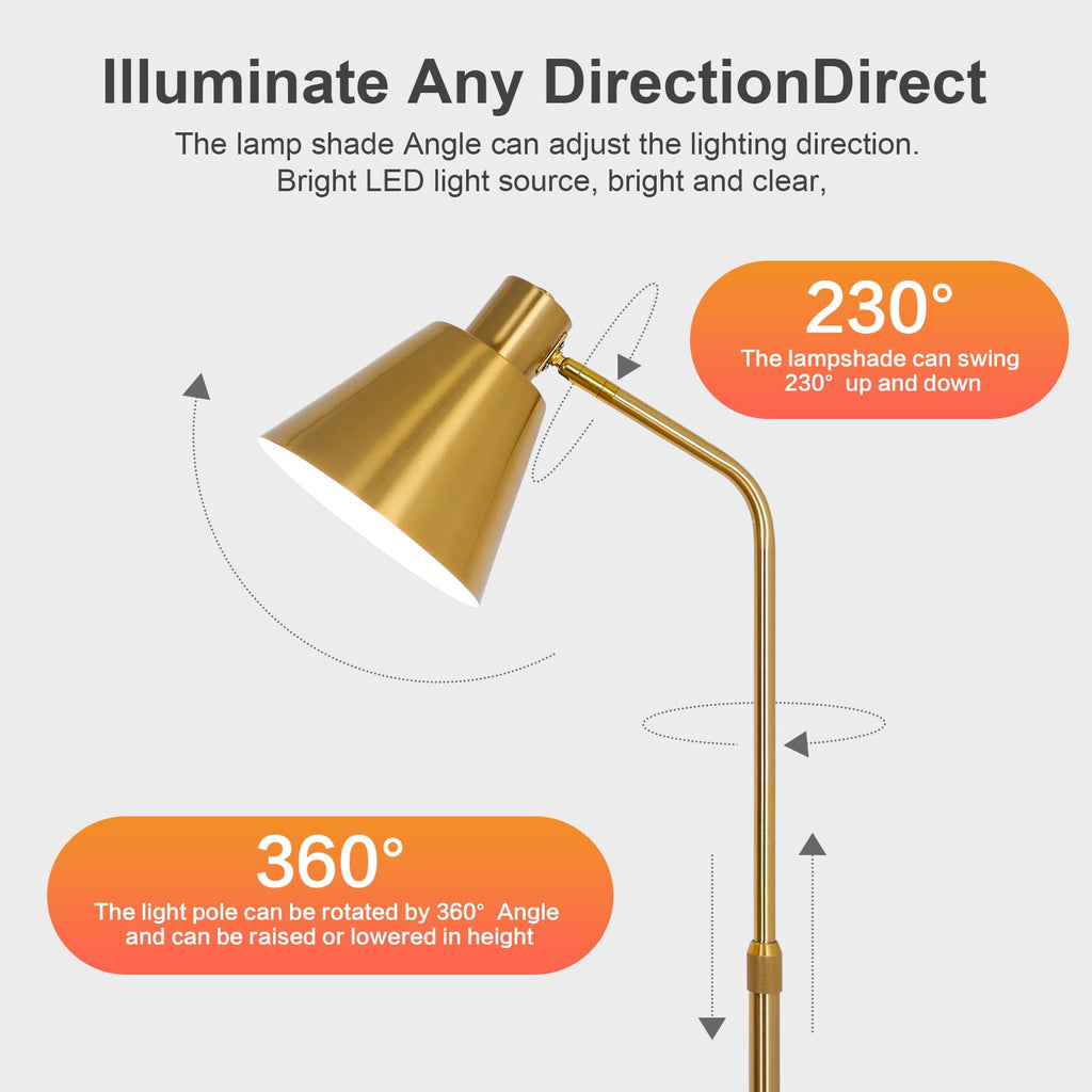 Gold Brushed Floor Lamp with Side Table Bedroom, Modern Standing Lamp 12W LED 3-Color Dimmable 3000K/4500K/6500K