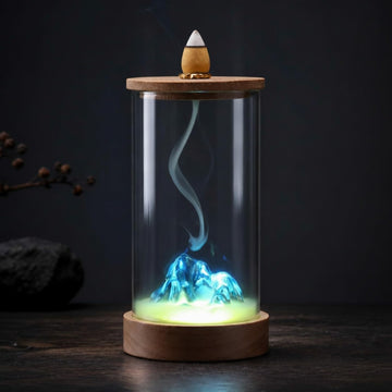 Glowing Backflow Incense Cone Burner with LED Lights Waterfall Incense Burner Holder Glass and Bamboo