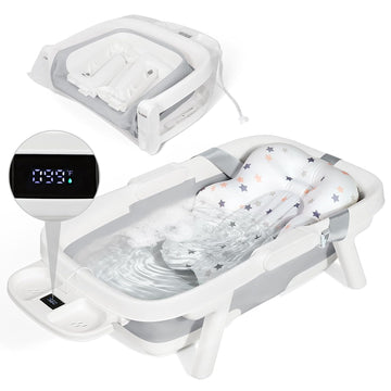 Collapsible Baby Bathtub with Cushion & Thermometer, Large Size,Gray