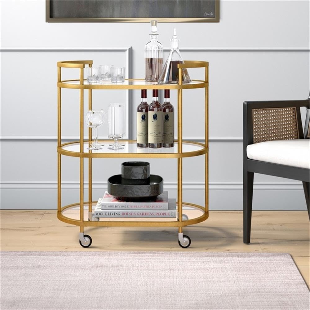 30" Wide Oval Bar Cart in Brass, Bar Carts for the Home | Sleek rolling shelving unit that moves room to room with