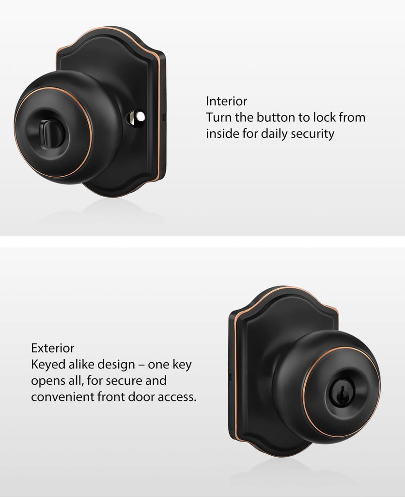 Keyed-Alike Exterior Door Knob with Lock and Key, Oil Rubbed Bronze Front Door Knob, Secure Outdoor Door knobs Entry