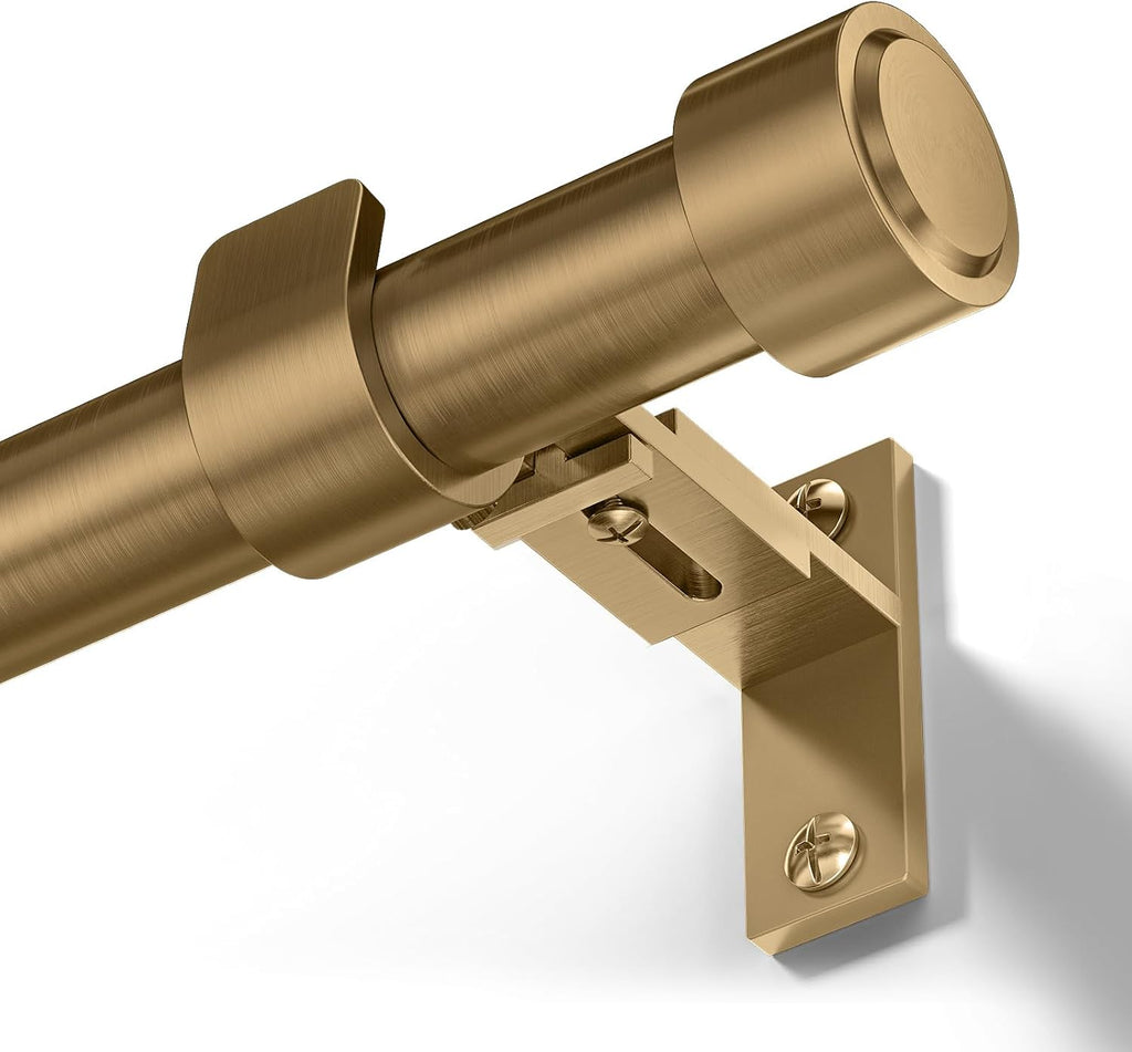 Warm Gold Brass Curtain Rod 36-144 Inches Adjustable, 1" Diameter Heavy Duty Window Rod with Solid Aluminum Finials &
