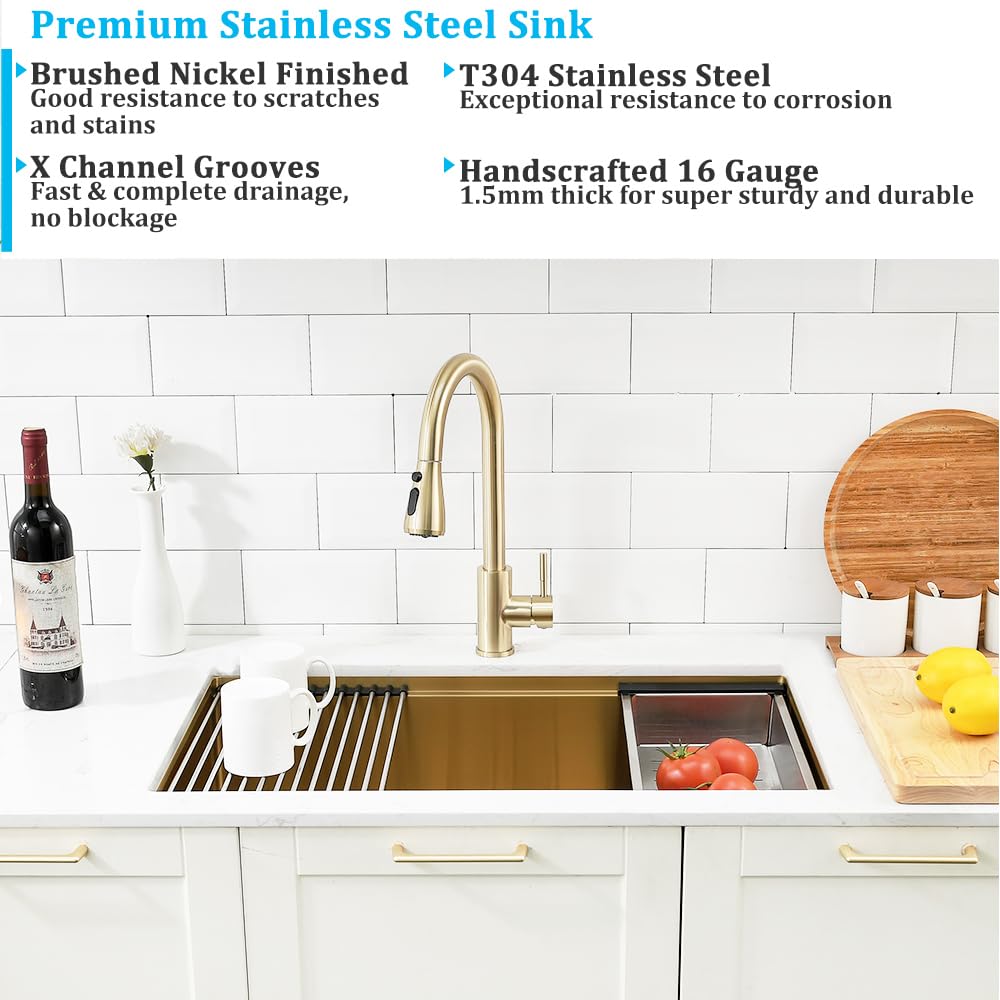 30 Inch Undermount Gold Kitchen Sink, 30x19 Undermount Workstation Sink 16 Gauge Stainless Steel Single Bowl