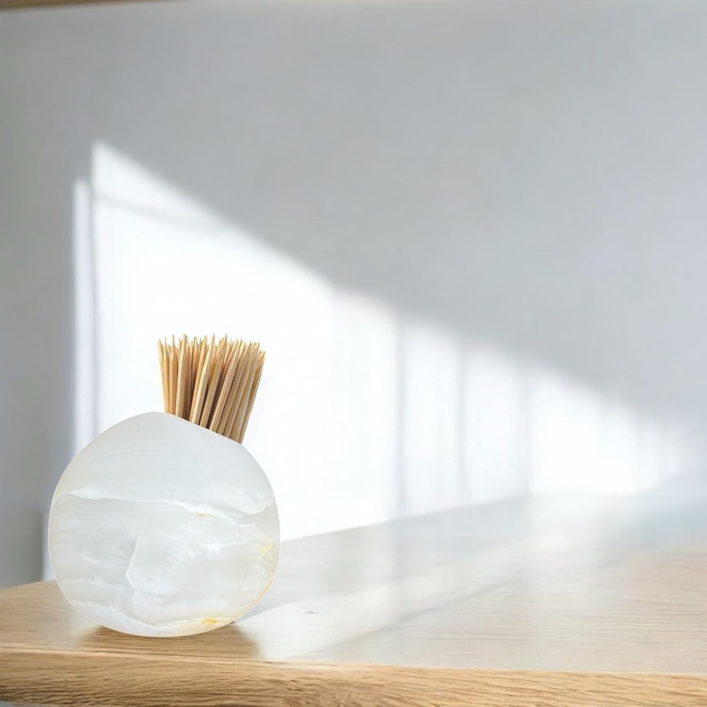 White Onyx Toothpick Holder, Match Holder with Striker for Candles, Decorative Natural Stone, Modern Home Decor