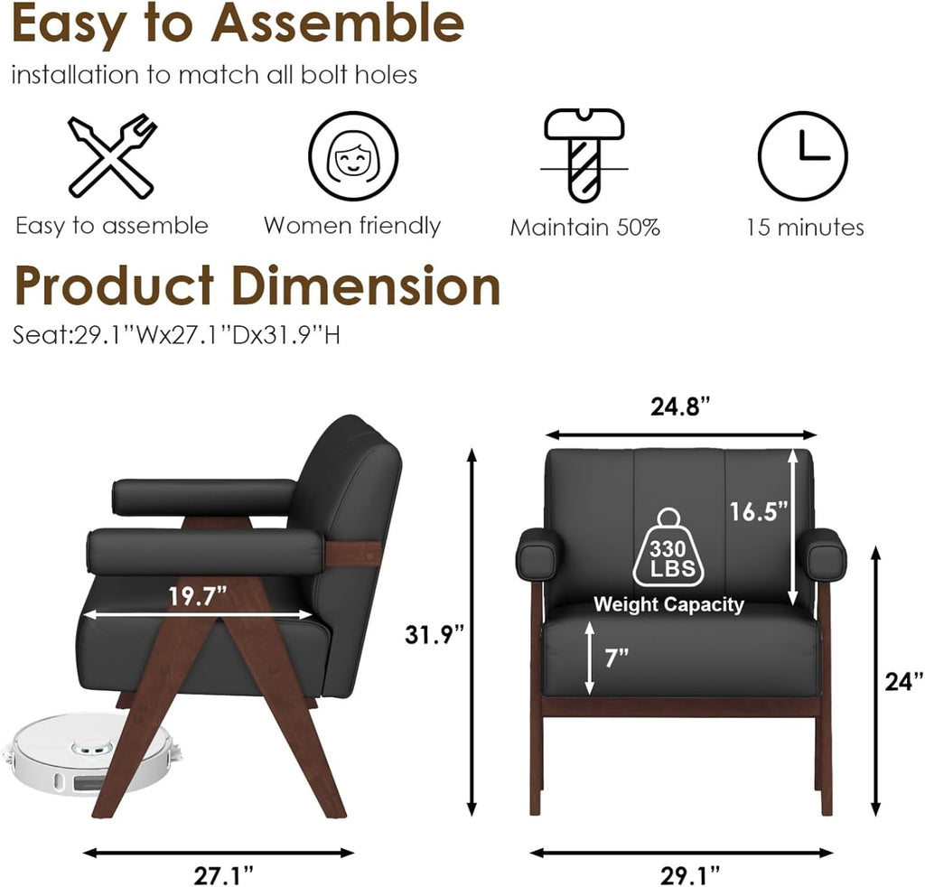 Faux Leather Accent Chairs, Wooden Arm Chairs (Black) - Set of 2