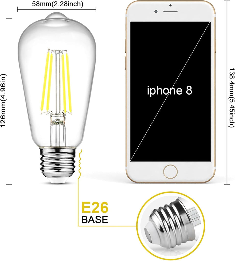 Vintage LED Edison Bulbs, 6W, Equivalent 60W, Non-Dimmable, Daylight 5000K, 700Lumens, ST58 Antique LED Filament
