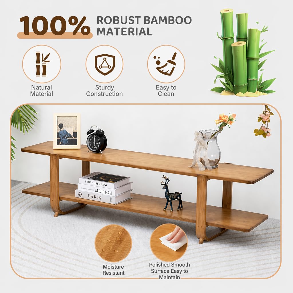 Bamboo TV Stand with Storage for TVs up to 65'', Modern Entertainment Center with 2 Open Shelf, Accent TV Media