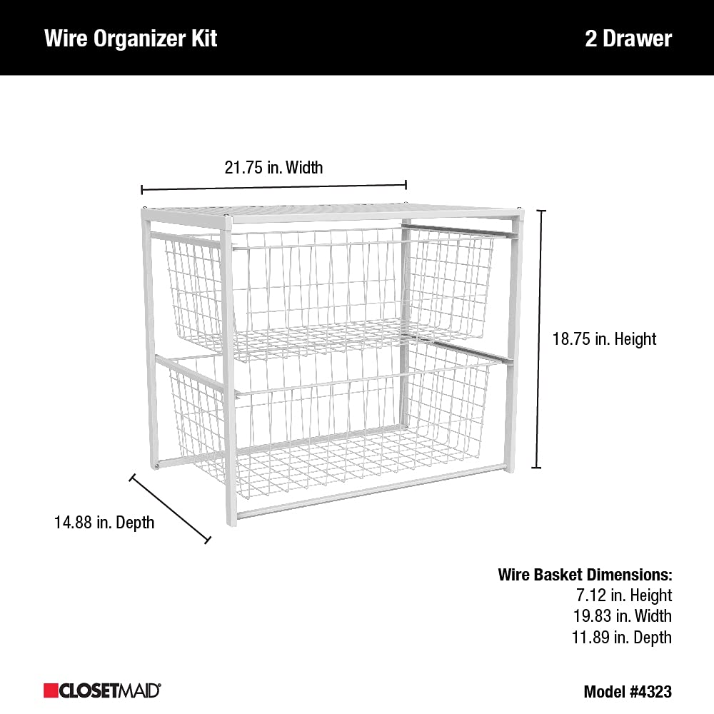 Wire Basket 2 Drawer Organizer Unit with Shelf for Pantry, Closet, Clothes, Linens, Sturdy Steel, Easy Assembly, White