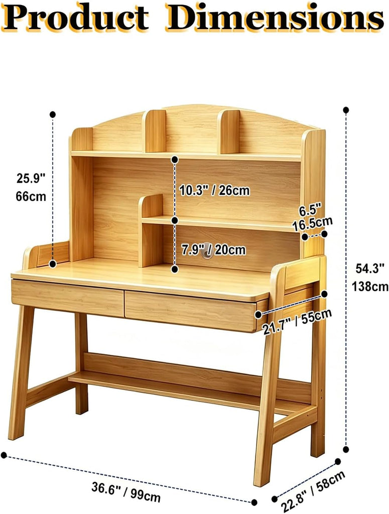 Kids Study Desk with Hutch and Storage Drawers, Level Height Adjustable Children's Writing Table, Solid Wood Kids &