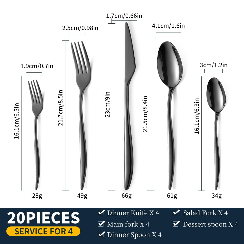 Black Silverware Set For 4, 20-Piece Everyday Flatware Set, Service For 4, Premium 18/10 Stainless Steel, Heavy Duty