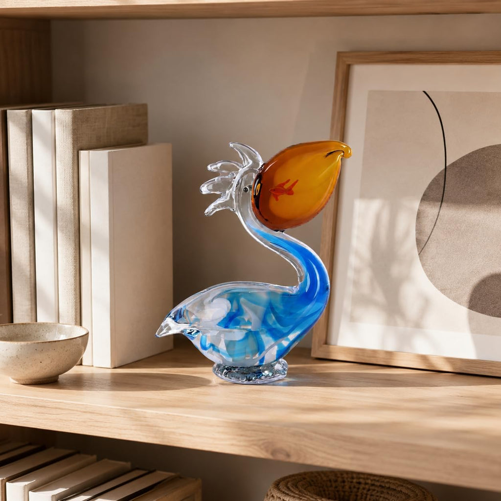 Pelican Figurine Hand Blown Glass Bird Sculpture, Pelican Statue Decor with Fish Detail Shelf Tabletop Display